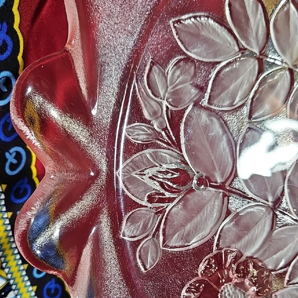 VTG Walther Glas Rosella Pink Frosted Floral Glass Platter NWT Germany